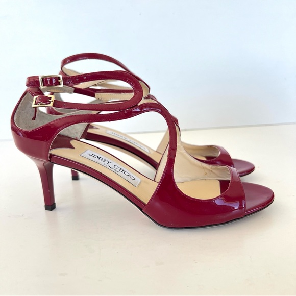 JIMMY CHOO Ivette Burgundy Patent Leather Double Side Buckle Heel Sandals Sz 37 - Picture 2 of 11